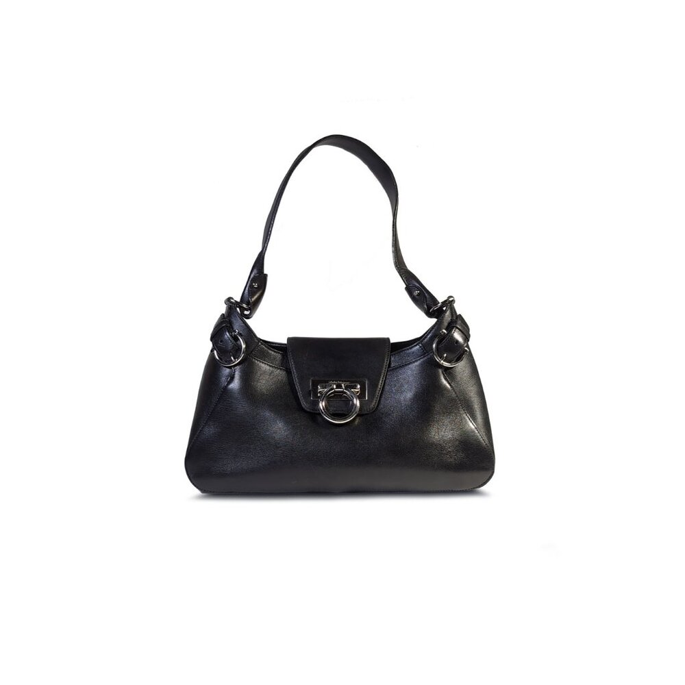 Vintage Salvatore Ferragamo Bag Black Leather Shoulder Hobo Gancini Purse